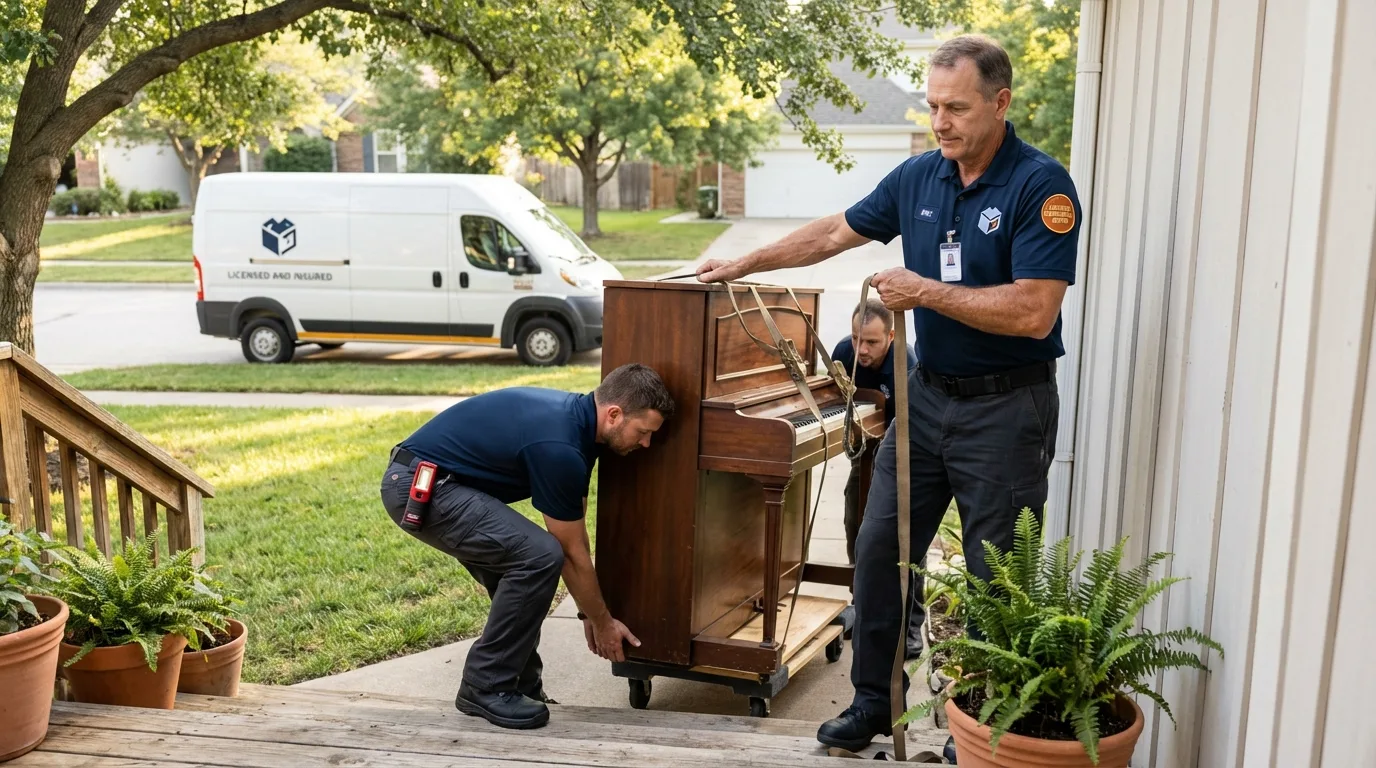 Licensed piano movers securing grand piano in Tinley Park, IL