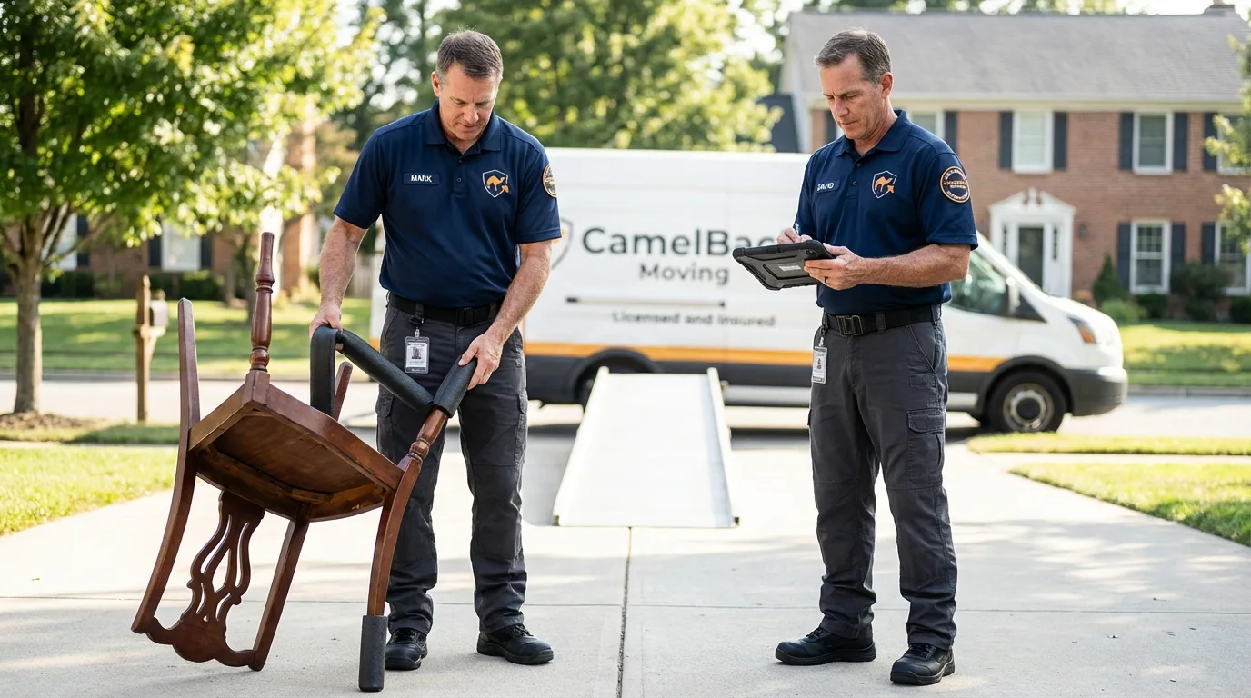 Movers inspecting furniture for damage prevention before loading in Tinley Park, IL
