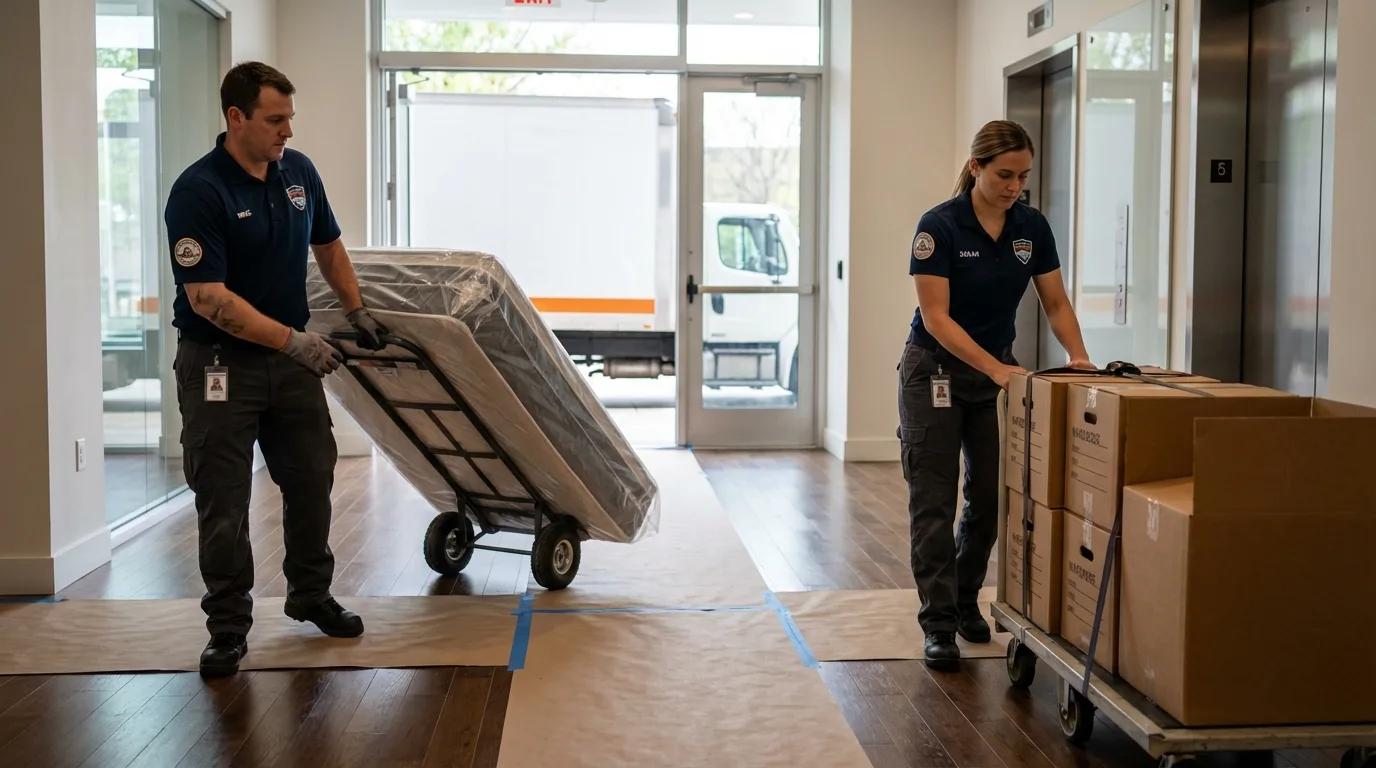 Professional apartment movers loading elevator in Tinley Park, IL